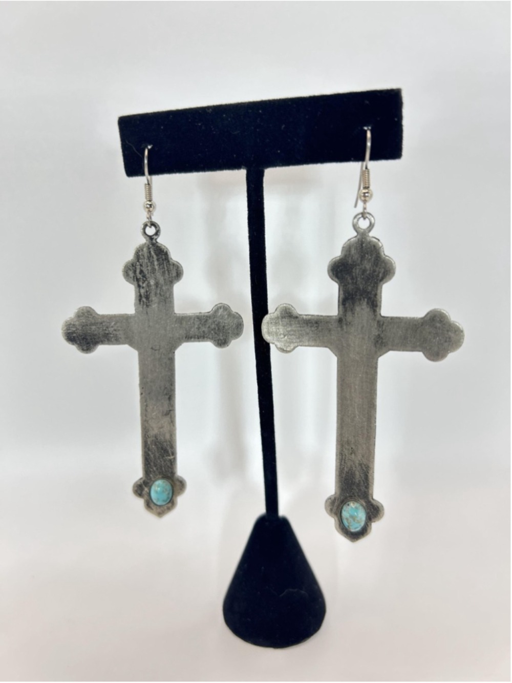 Earrings Silver Tone Turquoise Cross Dangle French Wire Religious Jewelry